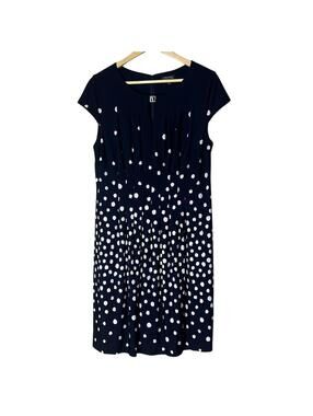 Tahari Navy White Polka Dot Dress 14 Petite Cap Sleeve Knee Length Stretch